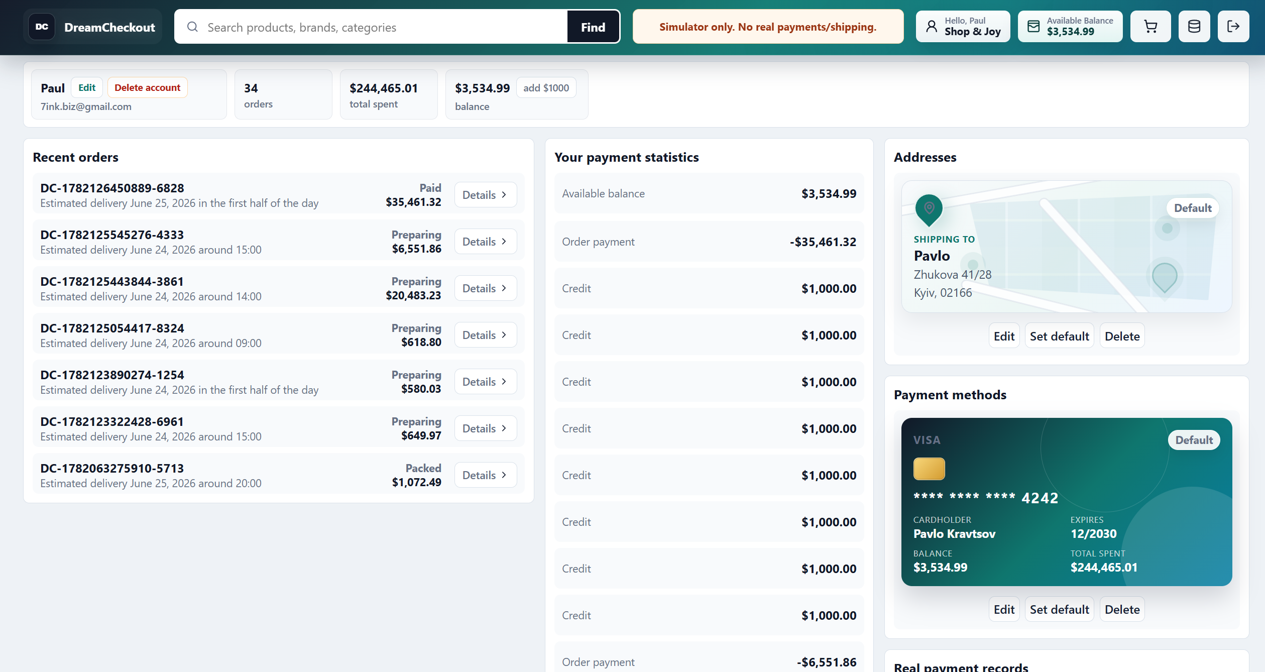 Account, virtual balance, and fake payment method visual snapshot
