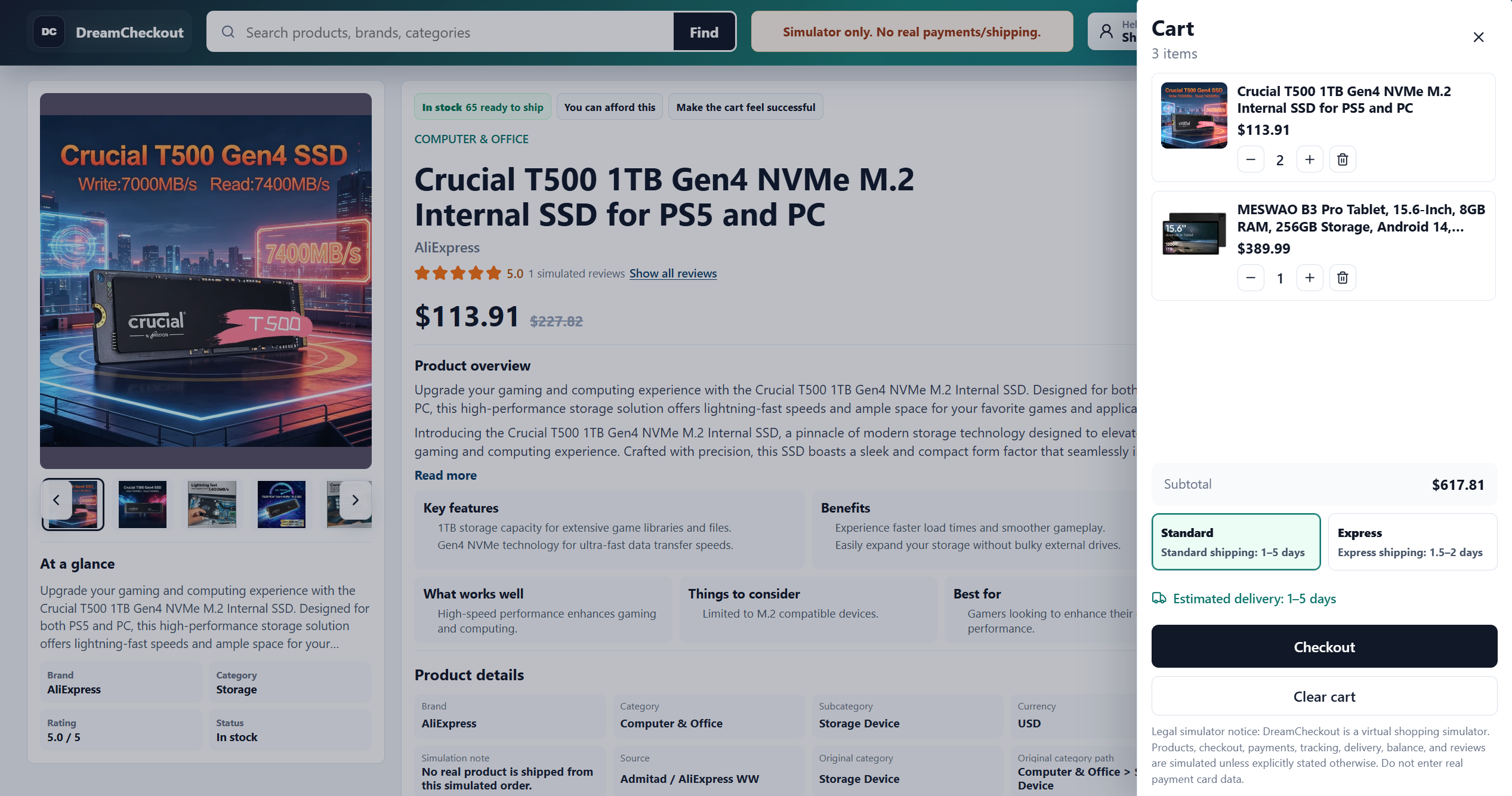 Cart and fake checkout drawer visual snapshot