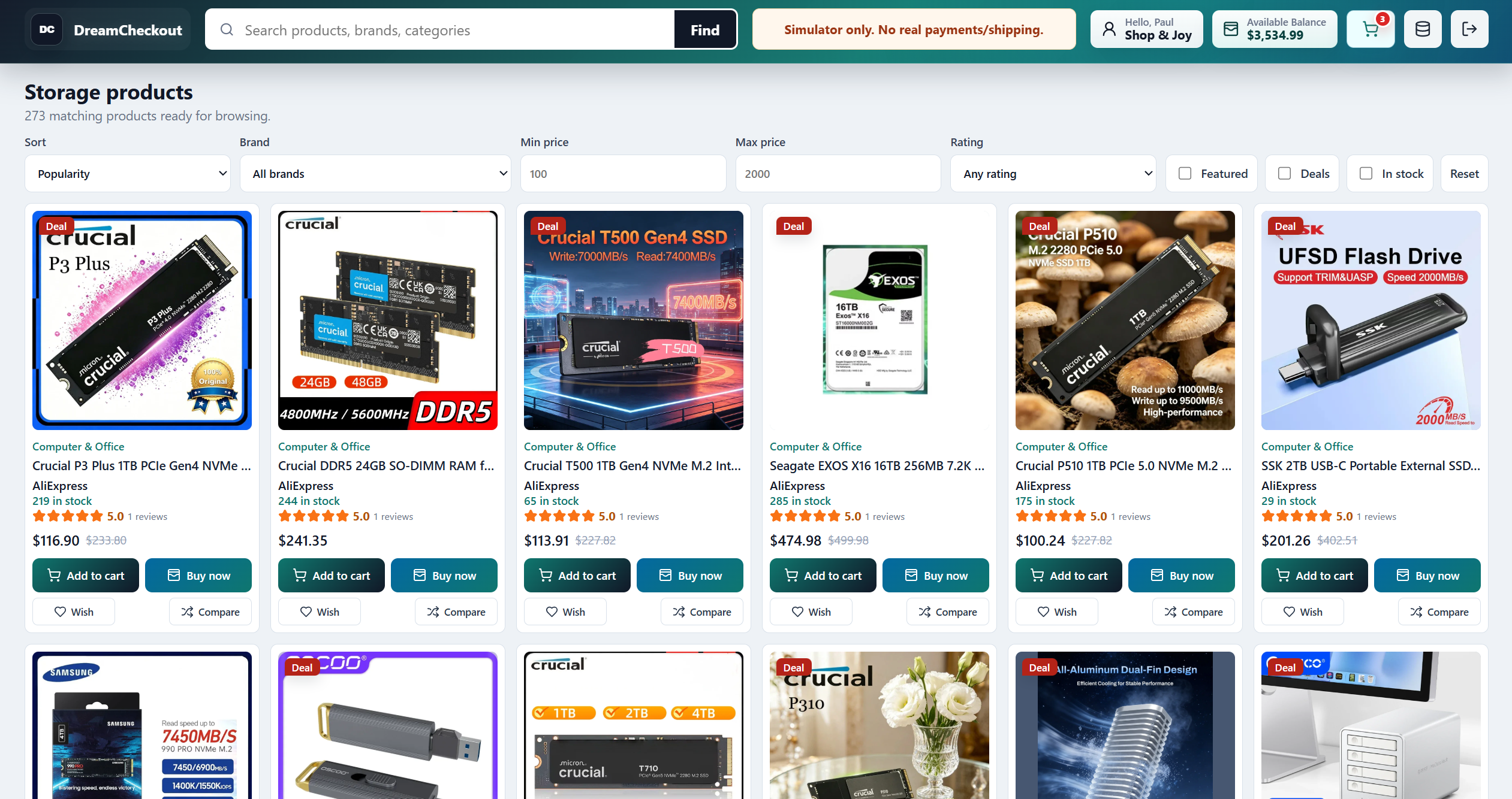 Product filters and shopping controls visual snapshot