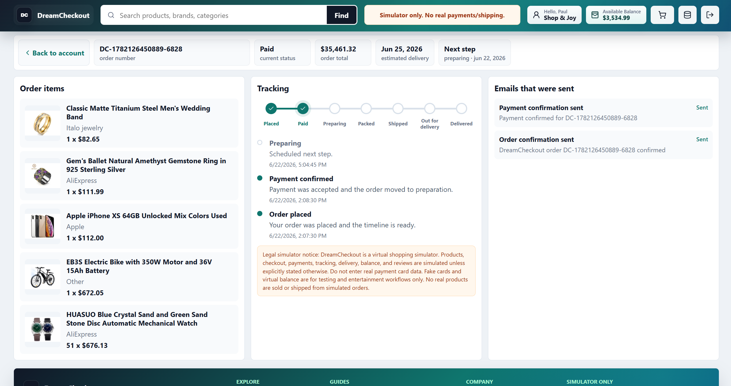 Order tracking interface visual snapshot
